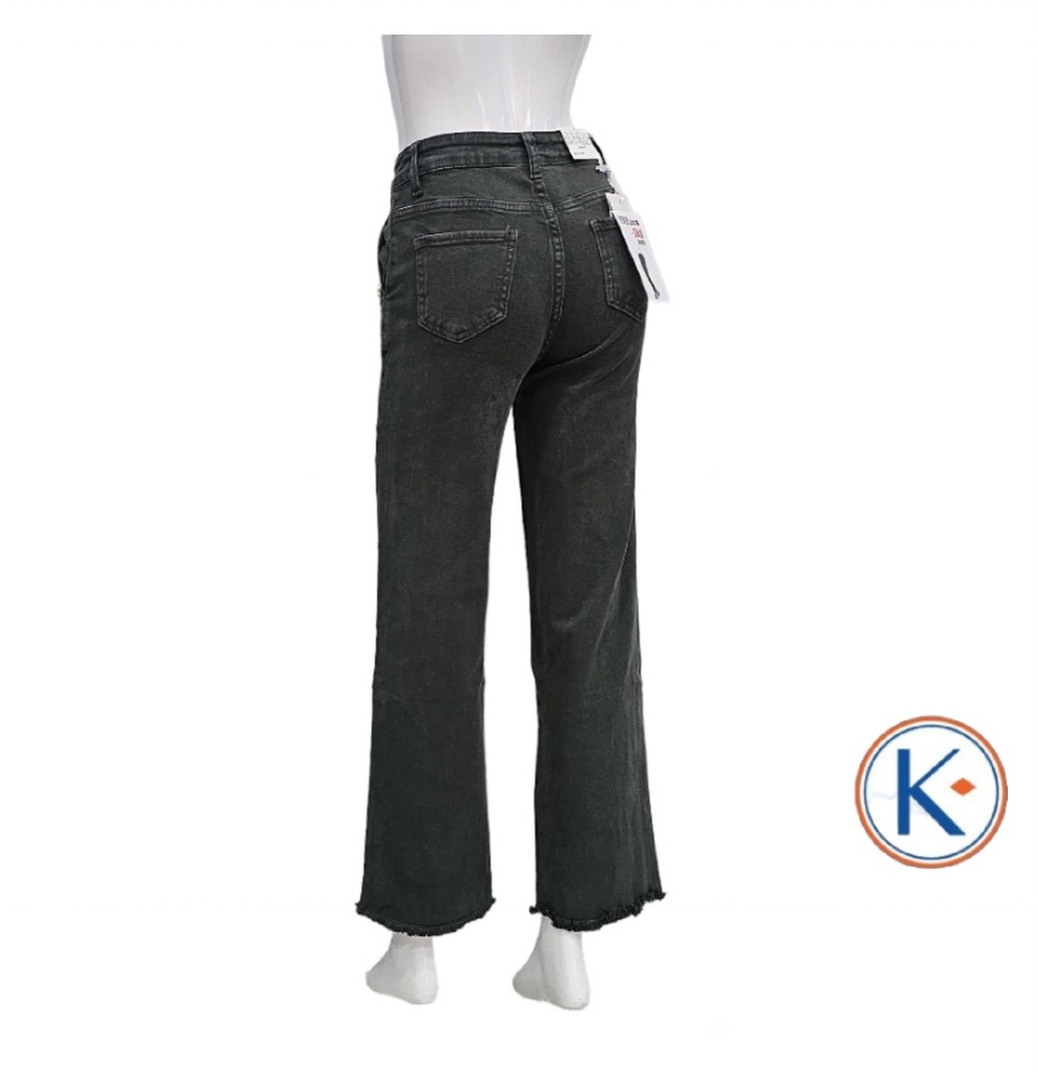 Pantalón loneta verde recto ancho con bolsillo francés y botones para mujer