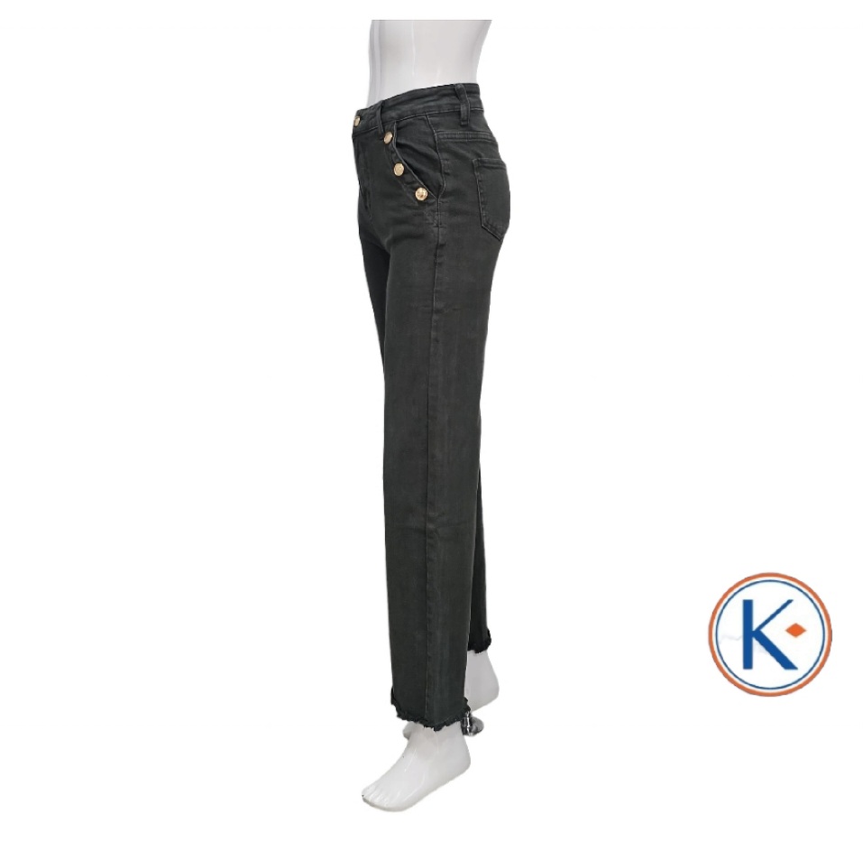 Pantalón loneta verde recto ancho con bolsillo francés y botones para mujer