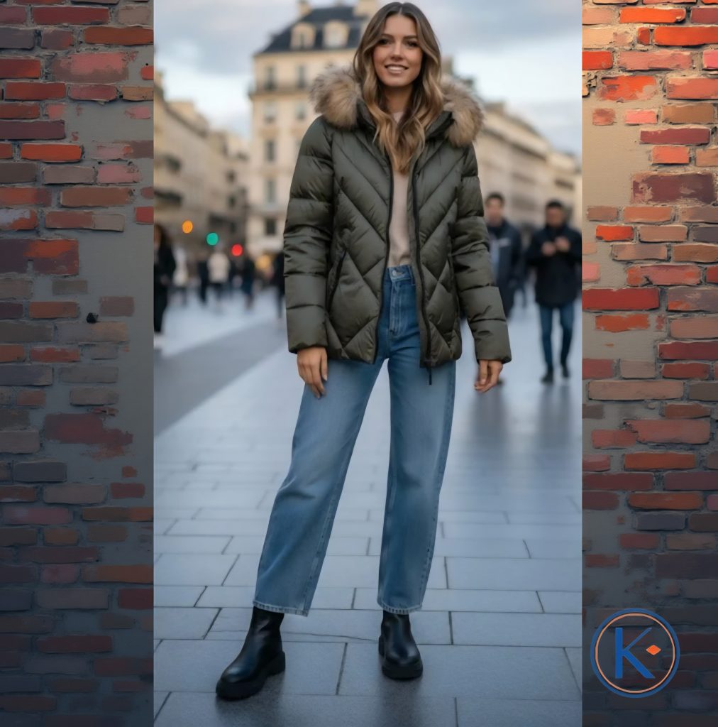 Cazadora acolchada verde con capucha y pelo desmontable