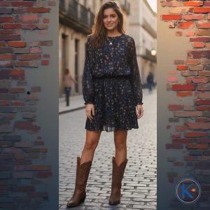 Vestido tipo gasa marino con flores pequeñas y brillo manga larga