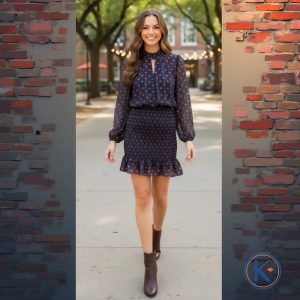 Vestido tipo gasa manga larga con lazada cuello azul marino