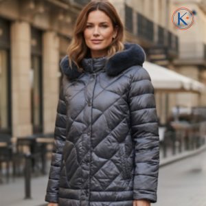 Chaquetón de nylon tallas grandes capucha desmontable azul metalizado