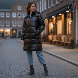 Abrigo acolchado negro mujer capucha desmontable infinity