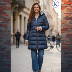 Abrigo acolchado mujer reversible azul beige capucha