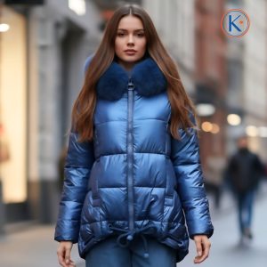 Chaquetón acolchado azul metalizado con capucha, pelo desmontable y cordón ajustable en el bajo