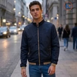 Cazadora bomber hombre azul marino con detalles camel