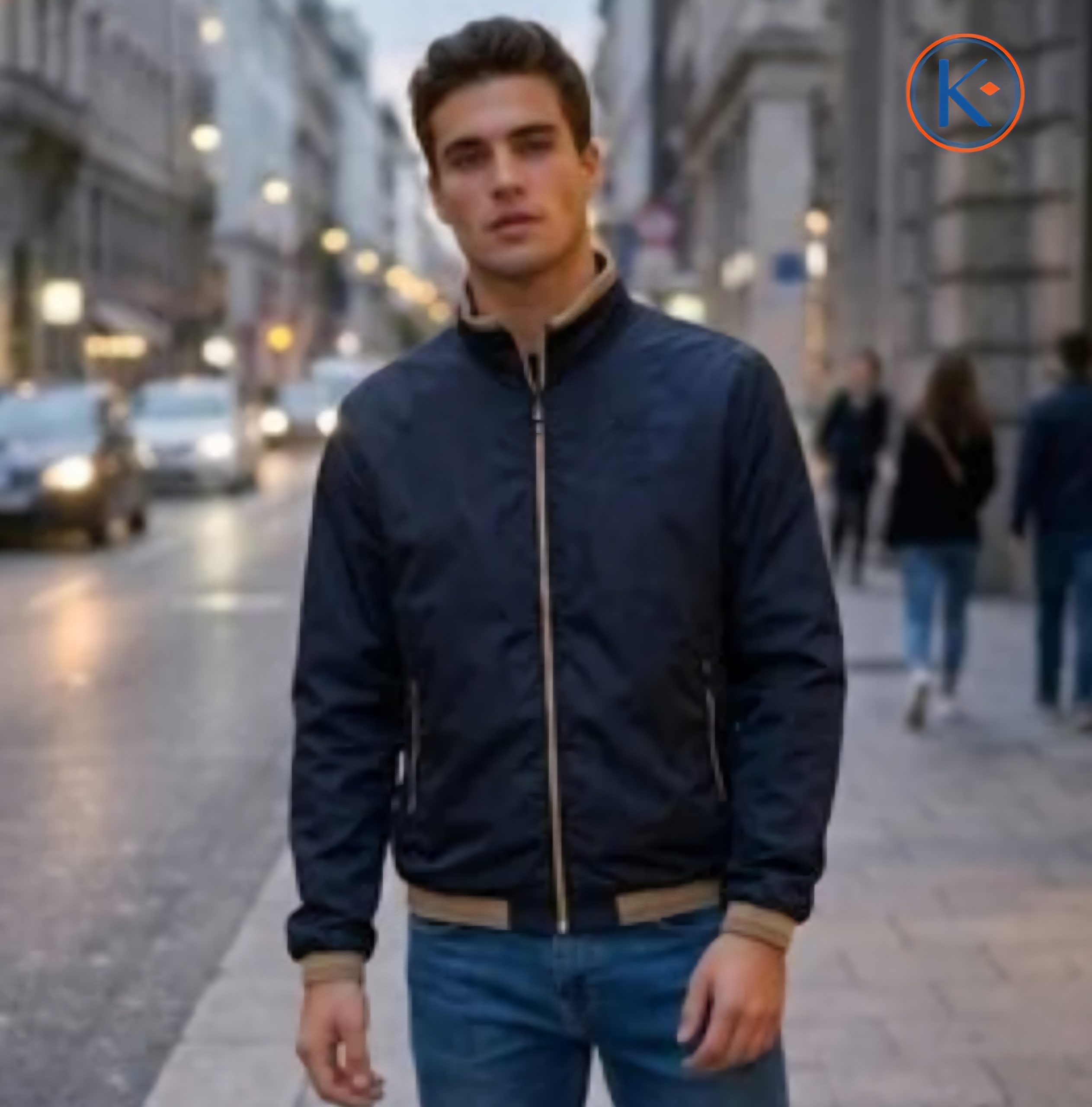 Cazadora bomber hombre azul marino con detalles camel