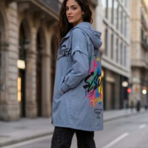 Chaqueta Larga de Mujer Urbana de Primavera con Capucha y Estampado