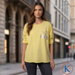 Camiseta mujer de manga larga con bolsillo delantero y detalle plateado