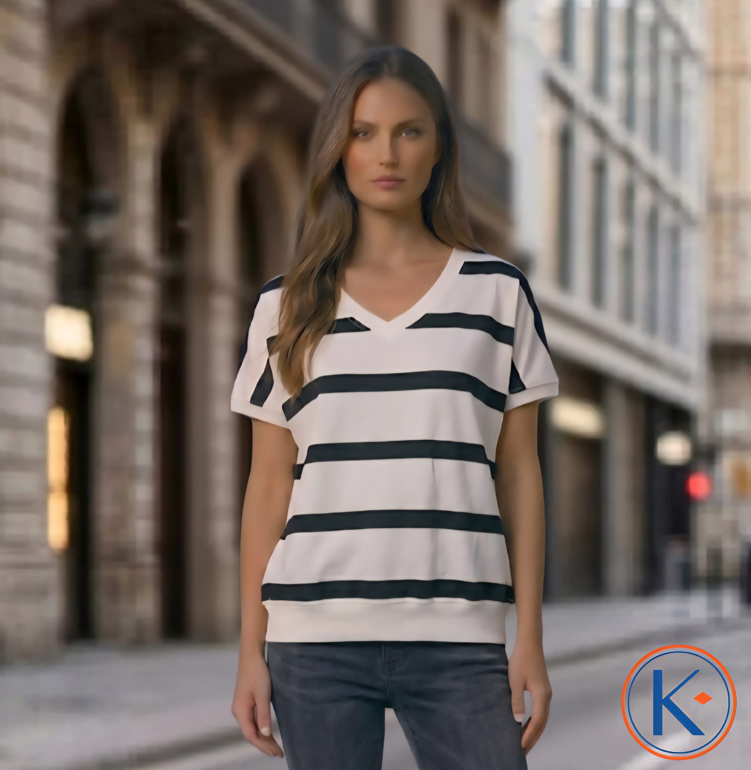 Camiseta de mujer con cuello pico y rayas